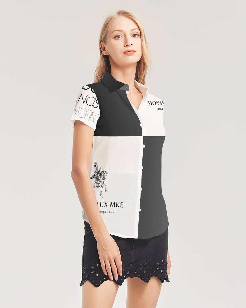 Monarch Luxury MKE - Eboni-Onyx Women's All-Over Print Short Sleeve Button Up