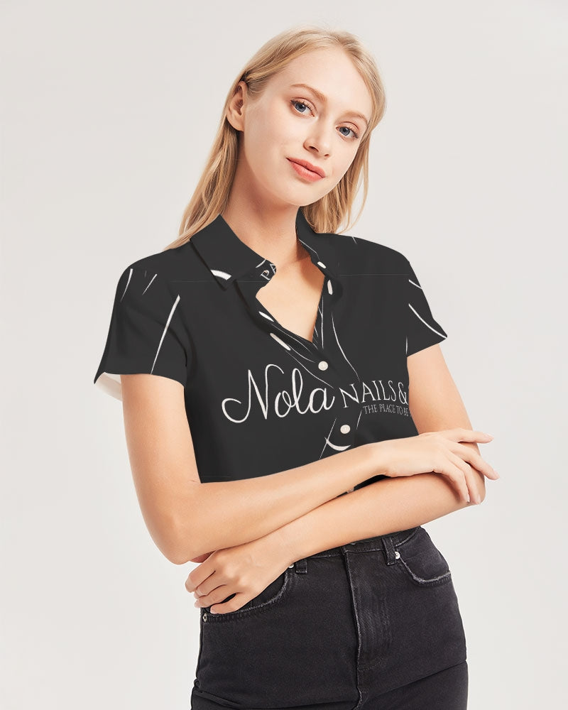 Nola Nails & Spa Women's All-Over Print Short Sleeve Button Up